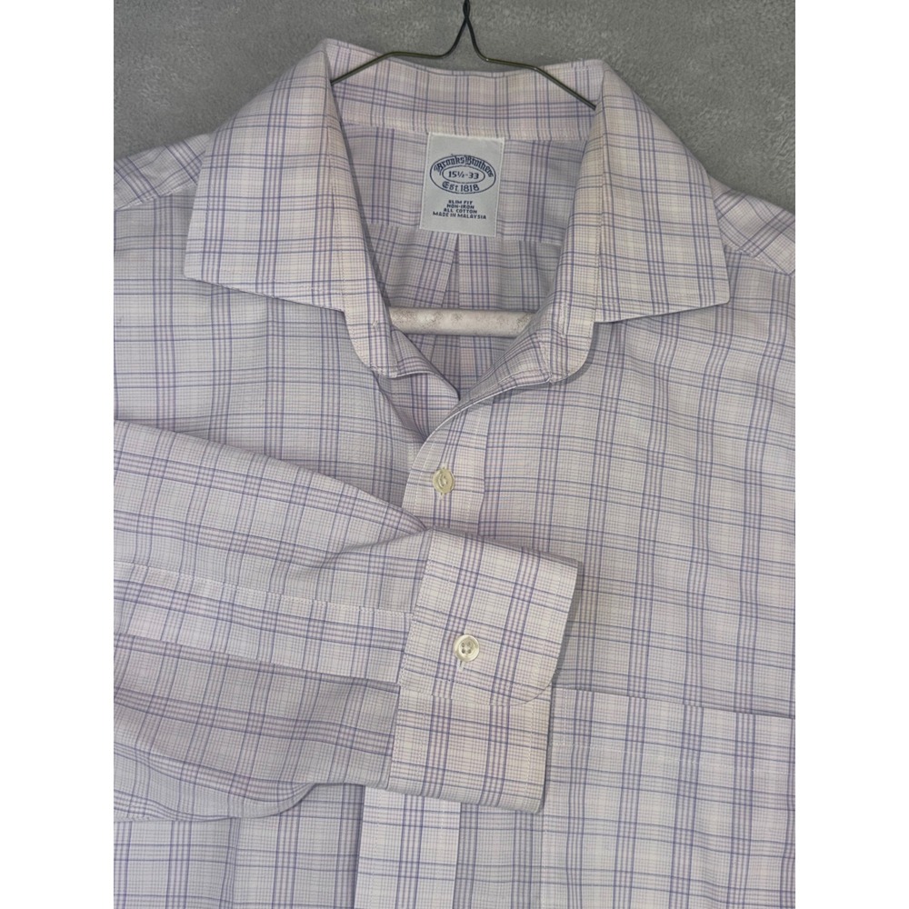 Brooks Brothers Mens 15.5X33 Slim Fit Non-Iron Cotton Purple Check Dress‎ Shirt